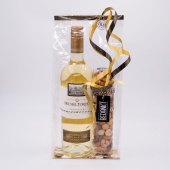 geschenkverpakking wijn en noten